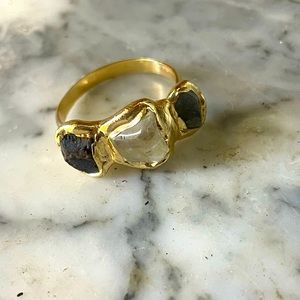 Three stone ring:tourmaline-quartz and aquamarine size 10